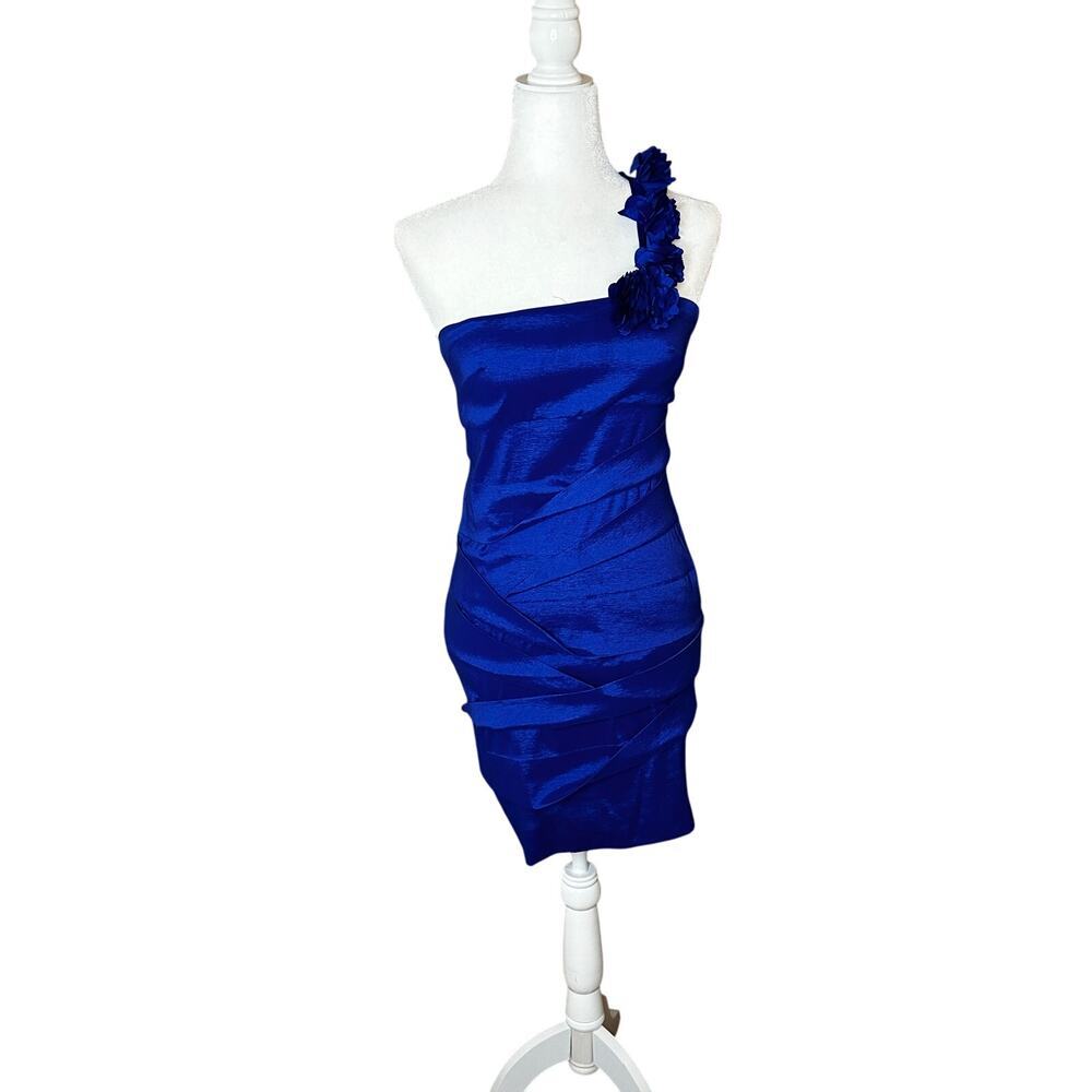 Adrianna Papel Hailey Dress Size 6 Bodycon One‎ Shoulder Flowers Side Zip Blue